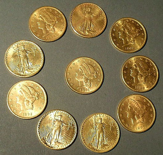 Twenty U.S. $20 gold coins will be sold in the Saturday, Nov. 27, session. Image courtesy of Wiederseim Associates Inc.